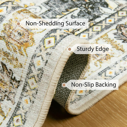6ft Area Rug Washable Rugs for Living Room, No Pile Boho Carpet for Entryway Bedroom Dinning Room, Vintage Carpet Print Distressed Non-Slip, 72" Round, Grey Brown