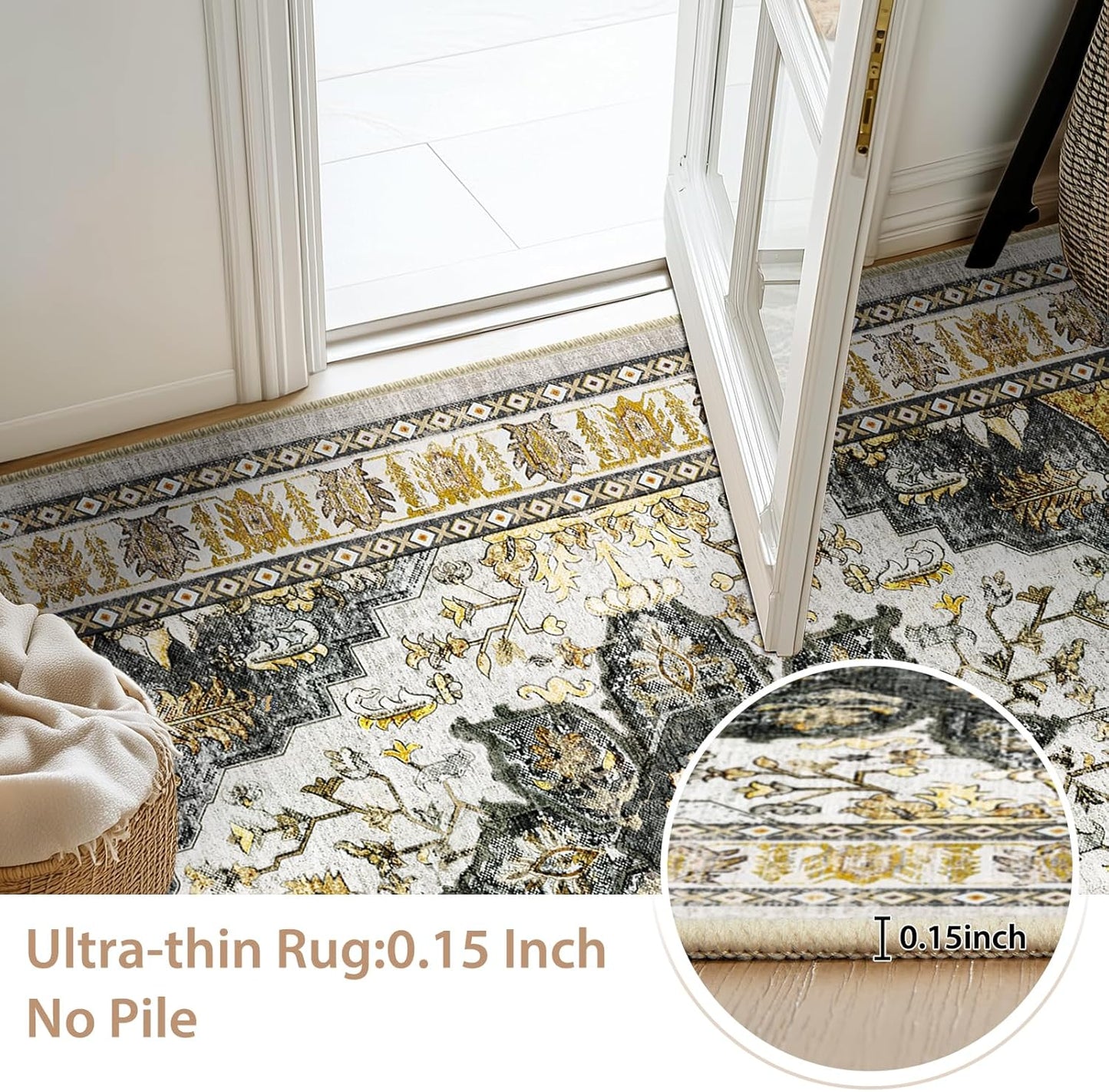 6ft Area Rug Washable Rugs for Living Room, No Pile Boho Carpet for Entryway Bedroom Dinning Room, Vintage Carpet Print Distressed Non-Slip, 72" Round, Grey Brown