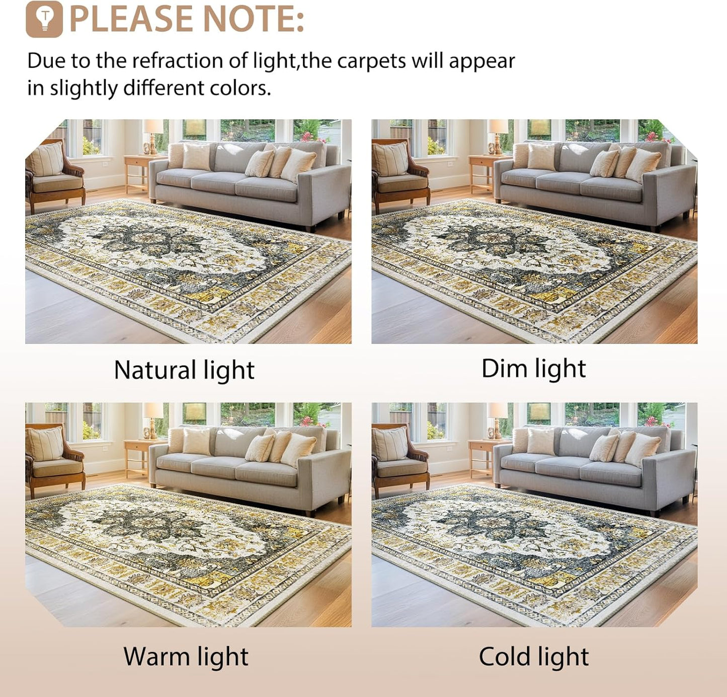 6ft Area Rug Washable Rugs for Living Room, No Pile Boho Carpet for Entryway Bedroom Dinning Room, Vintage Carpet Print Distressed Non-Slip, 72" Round, Grey Brown