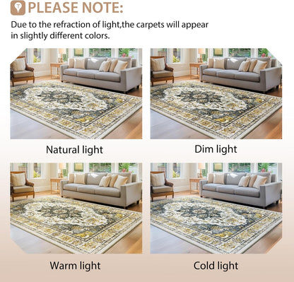 6ft Area Rug Washable Rugs for Living Room, No Pile Boho Carpet for Entryway Bedroom Dinning Room, Vintage Carpet Print Distressed Non-Slip, 72" Round, Grey Brown