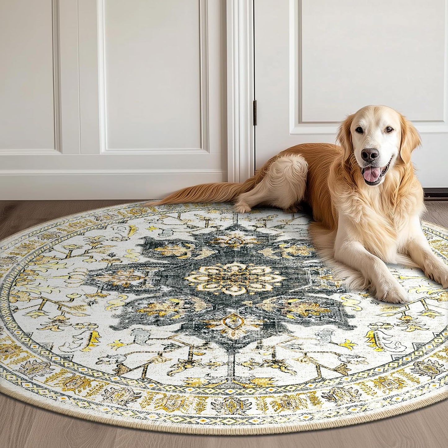 6ft Area Rug Washable Rugs for Living Room, No Pile Boho Carpet for Entryway Bedroom Dinning Room, Vintage Carpet Print Distressed Non-Slip, 72" Round, Grey Brown