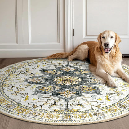 6ft Area Rug Washable Rugs for Living Room, No Pile Boho Carpet for Entryway Bedroom Dinning Room, Vintage Carpet Print Distressed Non-Slip, 72" Round, Grey Brown