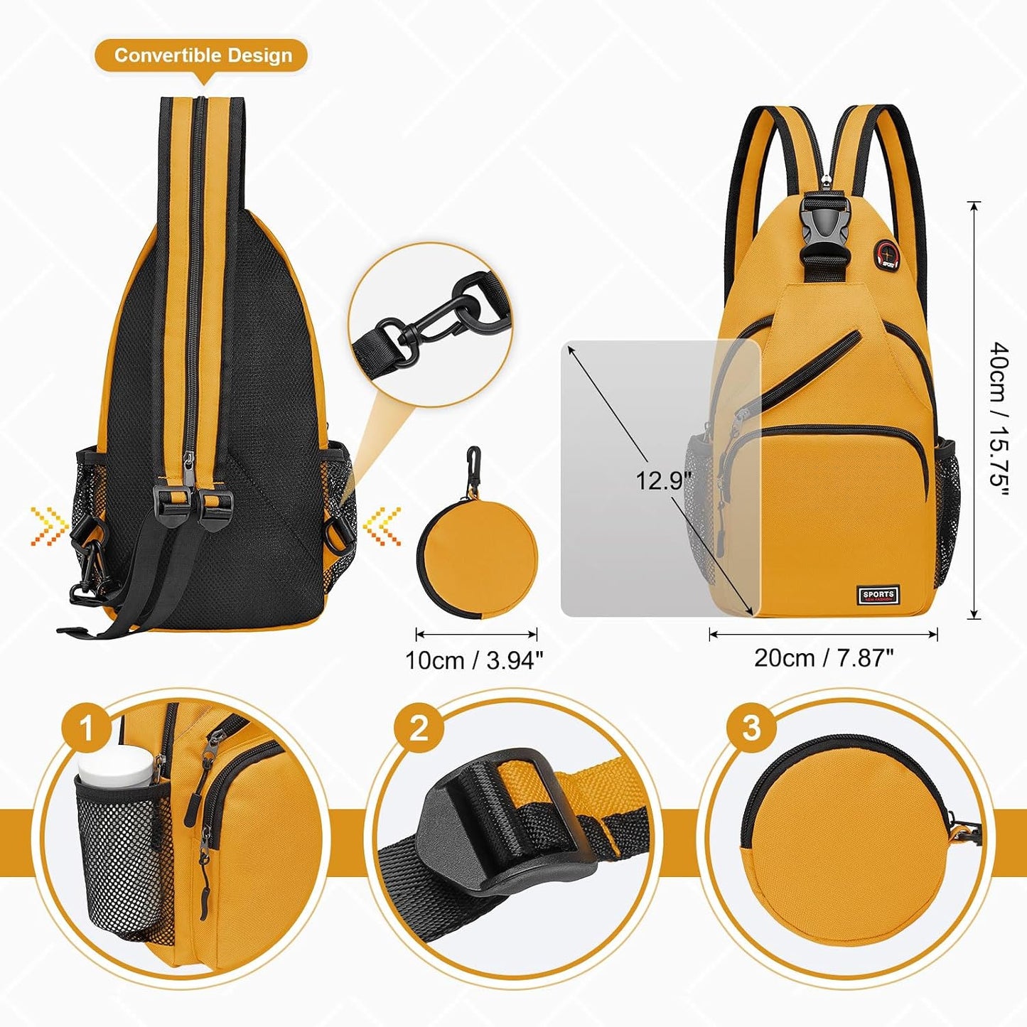 Small Sling Bag with Coin Pocket Fits for 11" Tablet, Yellow | Convertible Crossbody Mini Backpack with Headphone Jack Casual Pack for Women Men Travel Casual Hiking