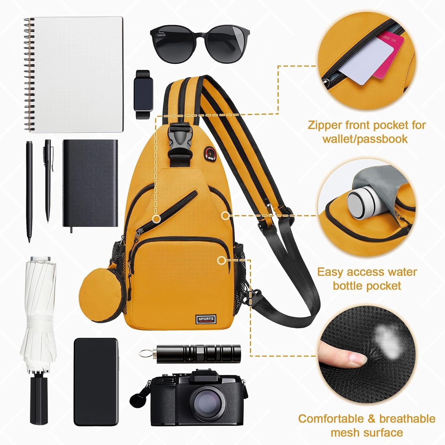 Small Sling Bag with Coin Pocket Fits for 11" Tablet, Yellow | Convertible Crossbody Mini Backpack with Headphone Jack Casual Pack for Women Men Travel Casual Hiking