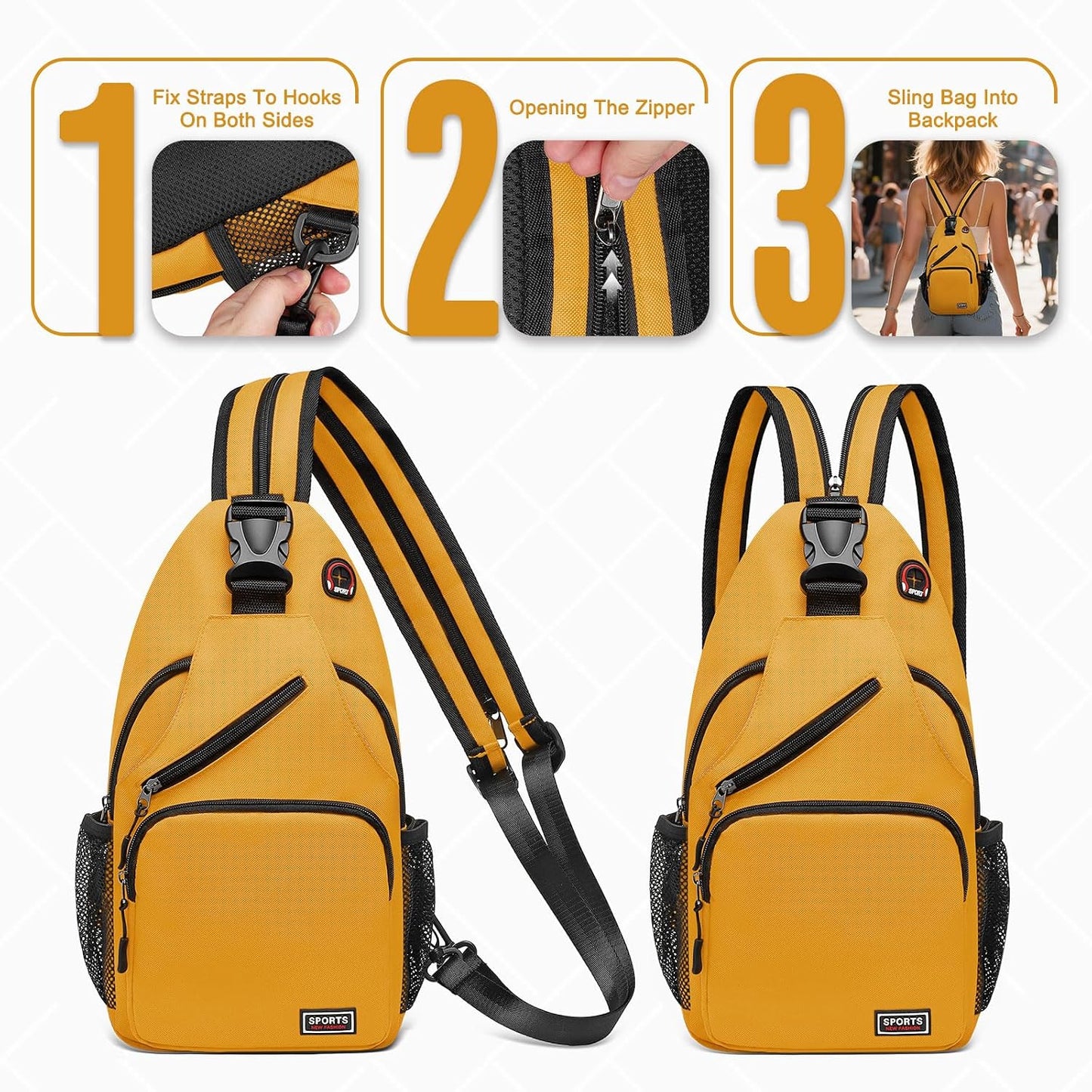 Small Sling Bag with Coin Pocket Fits for 11" Tablet, Yellow | Convertible Crossbody Mini Backpack with Headphone Jack Casual Pack for Women Men Travel Casual Hiking