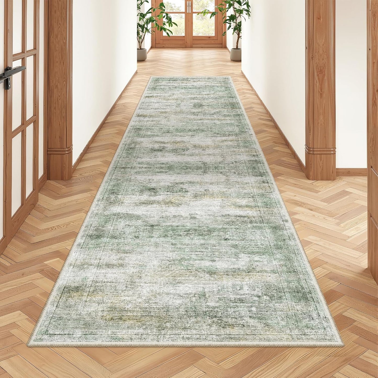 Rug Runners for Hallways Non Slip - 2x8 Runner Rug for Bedroom, Washable Runner with Rubber Backing, Soft Low-Pile Carpet for Kitchen, Laundry, Bathroom (2'x8', Green/Yellow/Ivory)