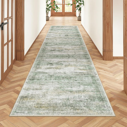 Rug Runners for Hallways Non Slip - 2x8 Runner Rug for Bedroom, Washable Runner with Rubber Backing, Soft Low-Pile Carpet for Kitchen, Laundry, Bathroom (2'x8', Green/Yellow/Ivory)