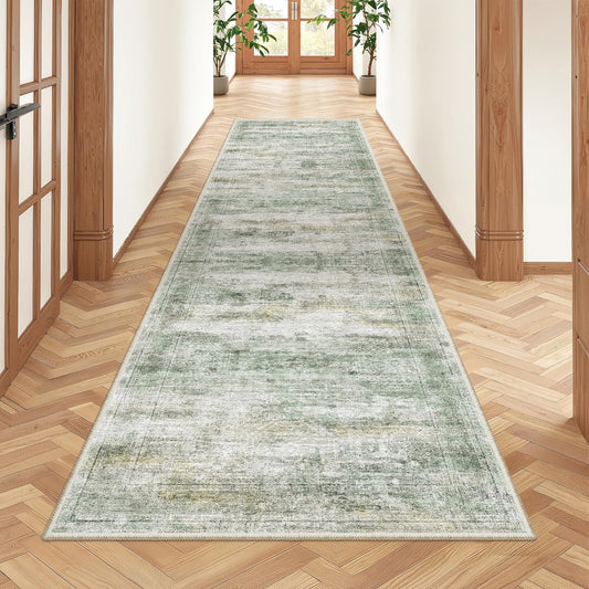 Rug Runners for Hallways Non Slip - 2x8 Runner Rug for Bedroom, Washable Runner with Rubber Backing, Soft Low-Pile Carpet for Kitchen, Laundry, Bathroom (2'x8', Green/Yellow/Ivory)