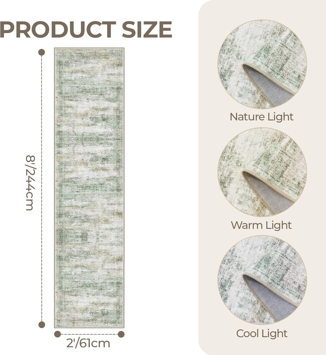 Rug Runners for Hallways Non Slip - 2x8 Runner Rug for Bedroom, Washable Runner with Rubber Backing, Soft Low-Pile Carpet for Kitchen, Laundry, Bathroom (2'x8', Green/Yellow/Ivory)
