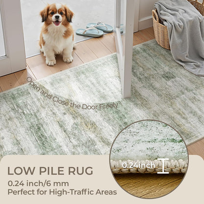 Rug Runners for Hallways Non Slip - 2x8 Runner Rug for Bedroom, Washable Runner with Rubber Backing, Soft Low-Pile Carpet for Kitchen, Laundry, Bathroom (2'x8', Green/Yellow/Ivory)