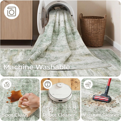 Rug Runners for Hallways Non Slip - 2x8 Runner Rug for Bedroom, Washable Runner with Rubber Backing, Soft Low-Pile Carpet for Kitchen, Laundry, Bathroom (2'x8', Green/Yellow/Ivory)