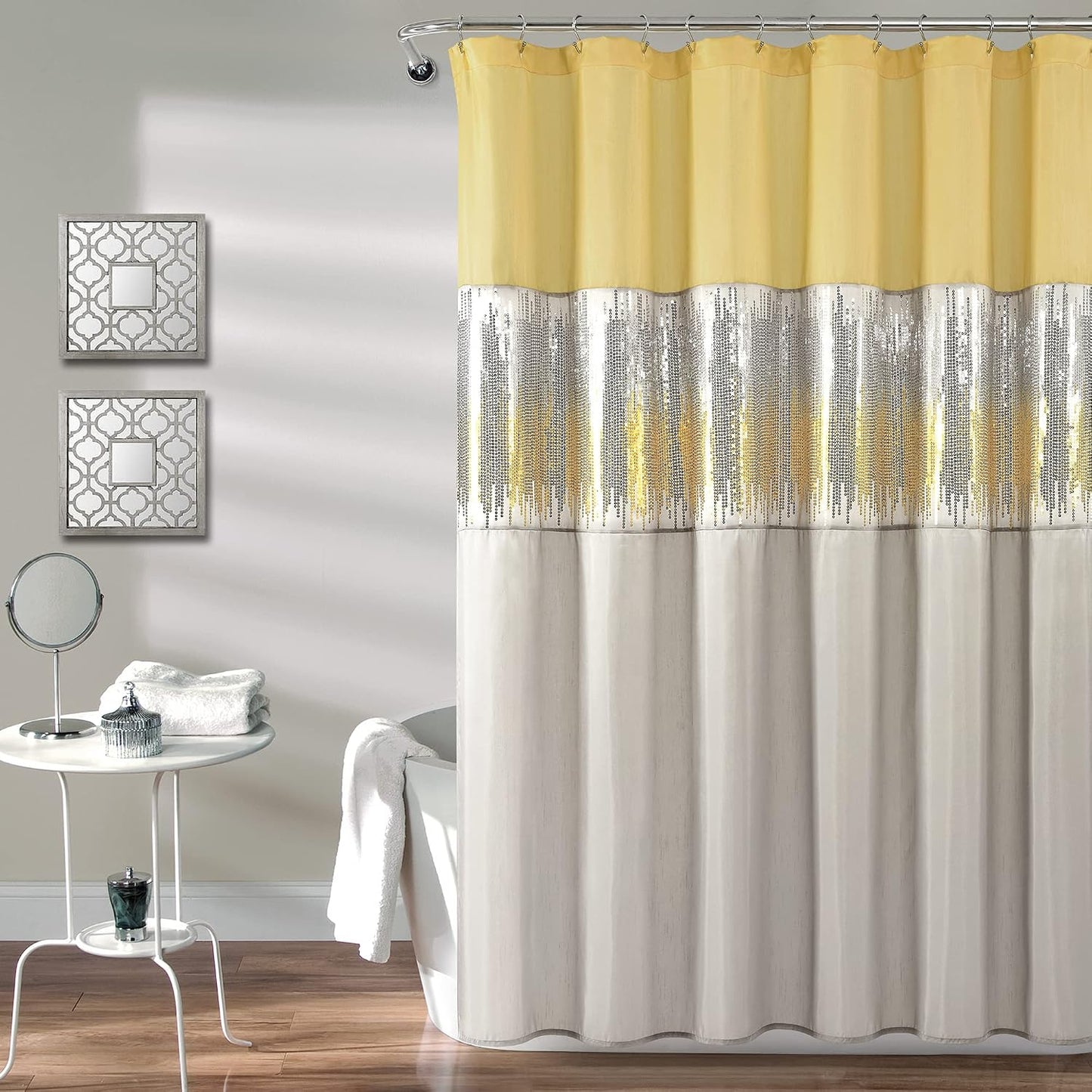 Night Sky Shower Curtain, Single, 72" W x 72" L, Yellow & Gray - Sequin Shower Curtain - Sparkly Color Block Bath Curtain - Modern Glam Bathroom Decor