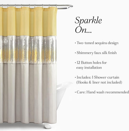 Night Sky Shower Curtain, Single, 72" W x 72" L, Yellow & Gray - Sequin Shower Curtain - Sparkly Color Block Bath Curtain - Modern Glam Bathroom Decor