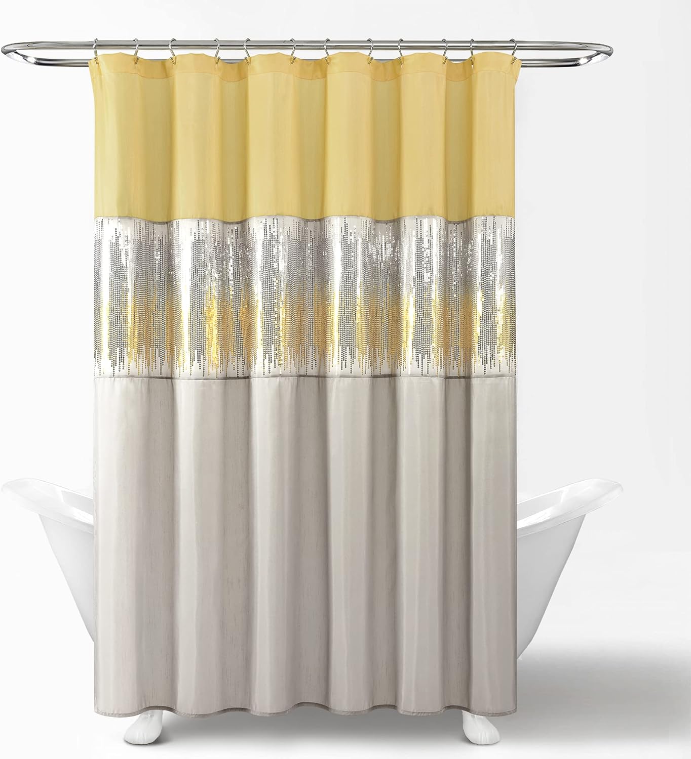 Night Sky Shower Curtain, Single, 72" W x 72" L, Yellow & Gray - Sequin Shower Curtain - Sparkly Color Block Bath Curtain - Modern Glam Bathroom Decor