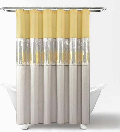 Night Sky Shower Curtain, Single, 72" W x 72" L, Yellow & Gray - Sequin Shower Curtain - Sparkly Color Block Bath Curtain - Modern Glam Bathroom Decor