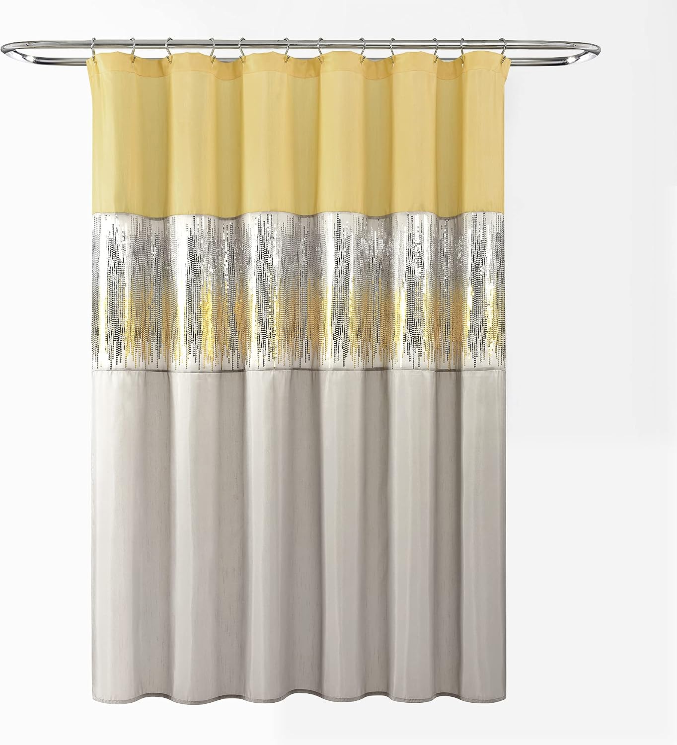 Night Sky Shower Curtain, Single, 72" W x 72" L, Yellow & Gray - Sequin Shower Curtain - Sparkly Color Block Bath Curtain - Modern Glam Bathroom Decor