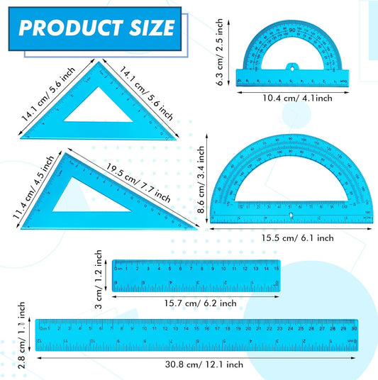 6 Pcs Plastic Ruler Math Set Includes 12 Inch 6 Inch Straight Protractor Triangle Geometry Transparent Math Ruler Measuring Tools for School Office Home(Yellow)