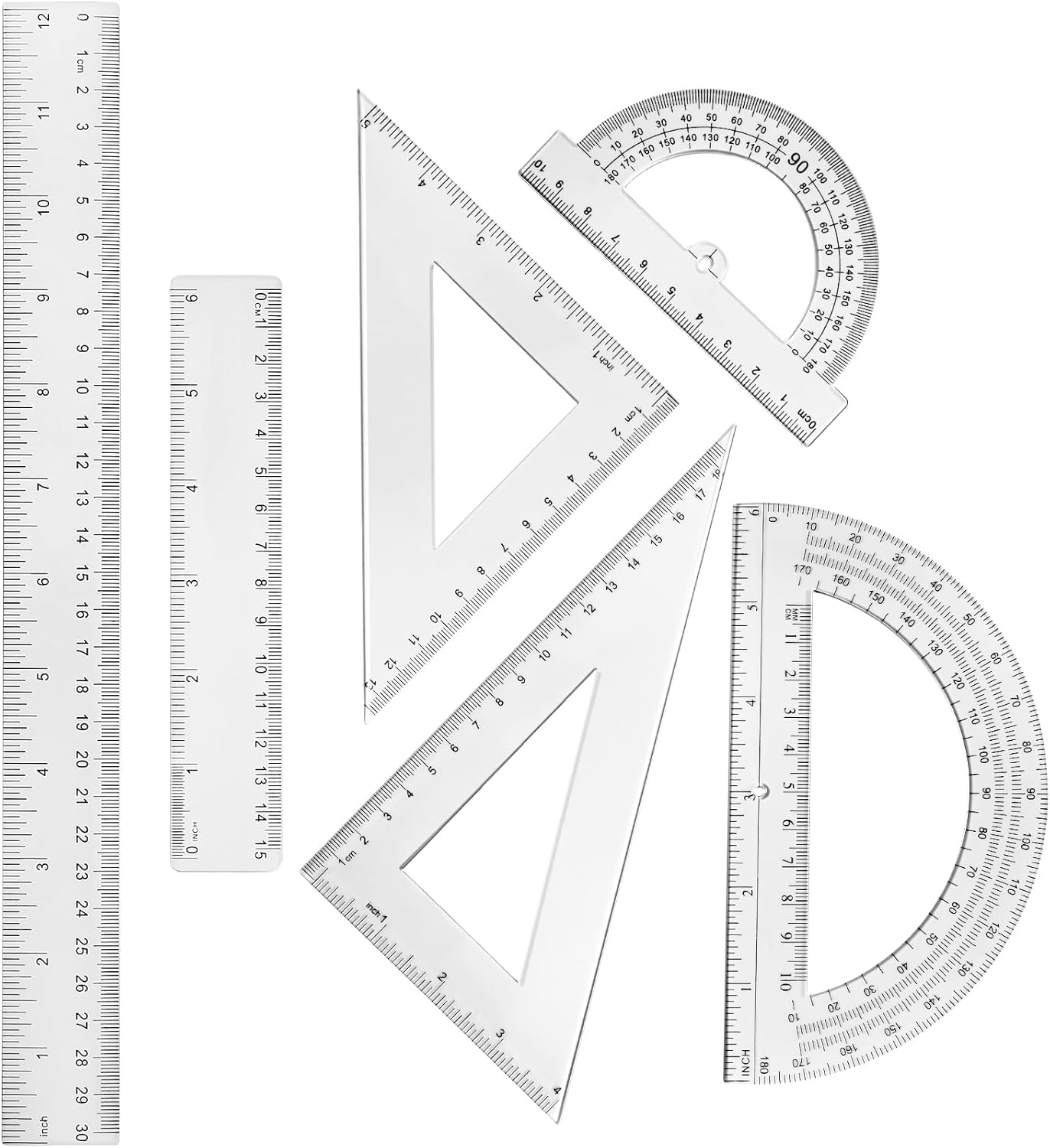 6 Pcs Plastic Ruler Math Set Includes 12 Inch 6 Inch Straight Protractor Triangle Geometry Transparent Math Ruler Measuring Tools for School Office Home(Yellow)