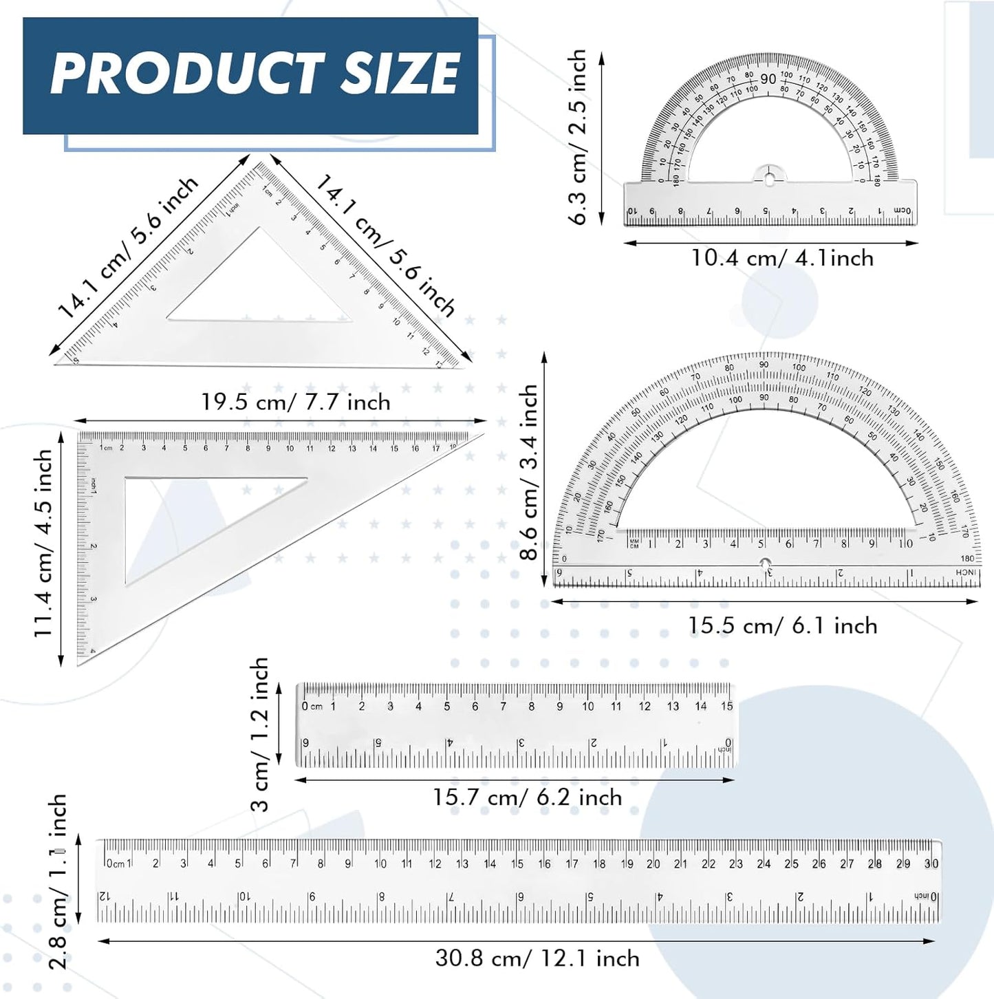 6 Pcs Plastic Ruler Math Set Includes 12 Inch 6 Inch Straight Protractor Triangle Geometry Transparent Math Ruler Measuring Tools for School Office Home(Yellow)