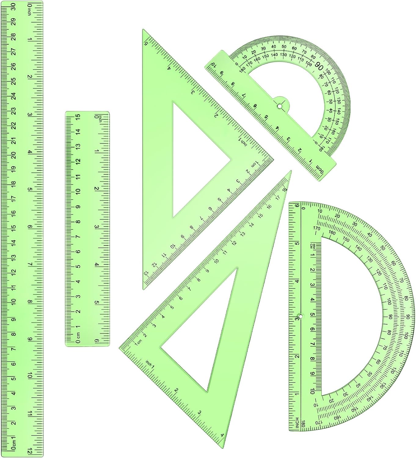 6 Pcs Plastic Ruler Math Set Includes 12 Inch 6 Inch Straight Protractor Triangle Geometry Transparent Math Ruler Measuring Tools for School Office Home(Yellow)