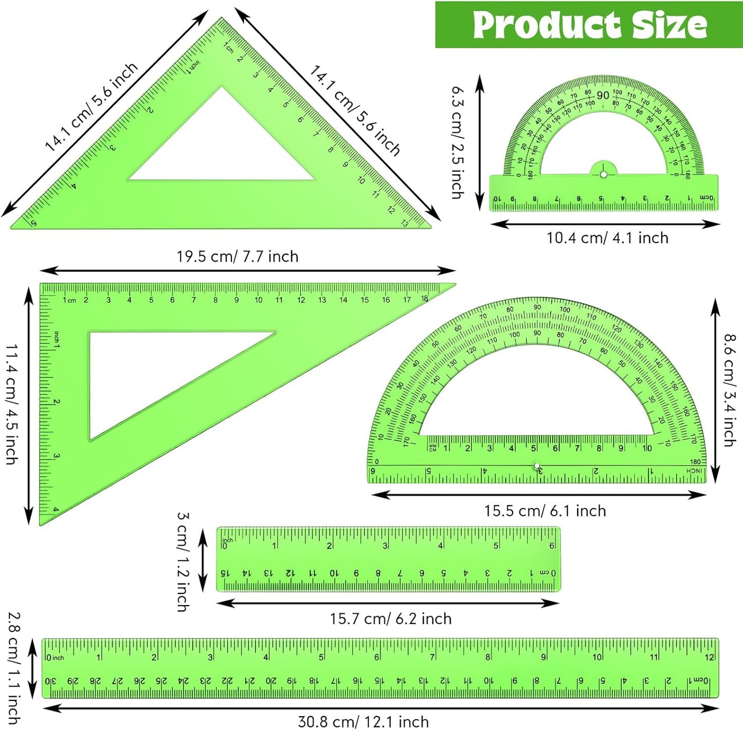 6 Pcs Plastic Ruler Math Set Includes 12 Inch 6 Inch Straight Protractor Triangle Geometry Transparent Math Ruler Measuring Tools for School Office Home(Yellow)