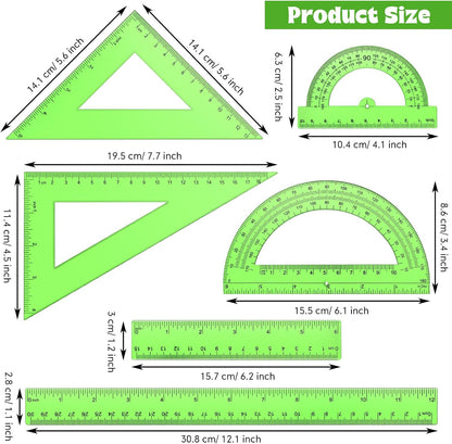 6 Pcs Plastic Ruler Math Set Includes 12 Inch 6 Inch Straight Protractor Triangle Geometry Transparent Math Ruler Measuring Tools for School Office Home(Yellow)