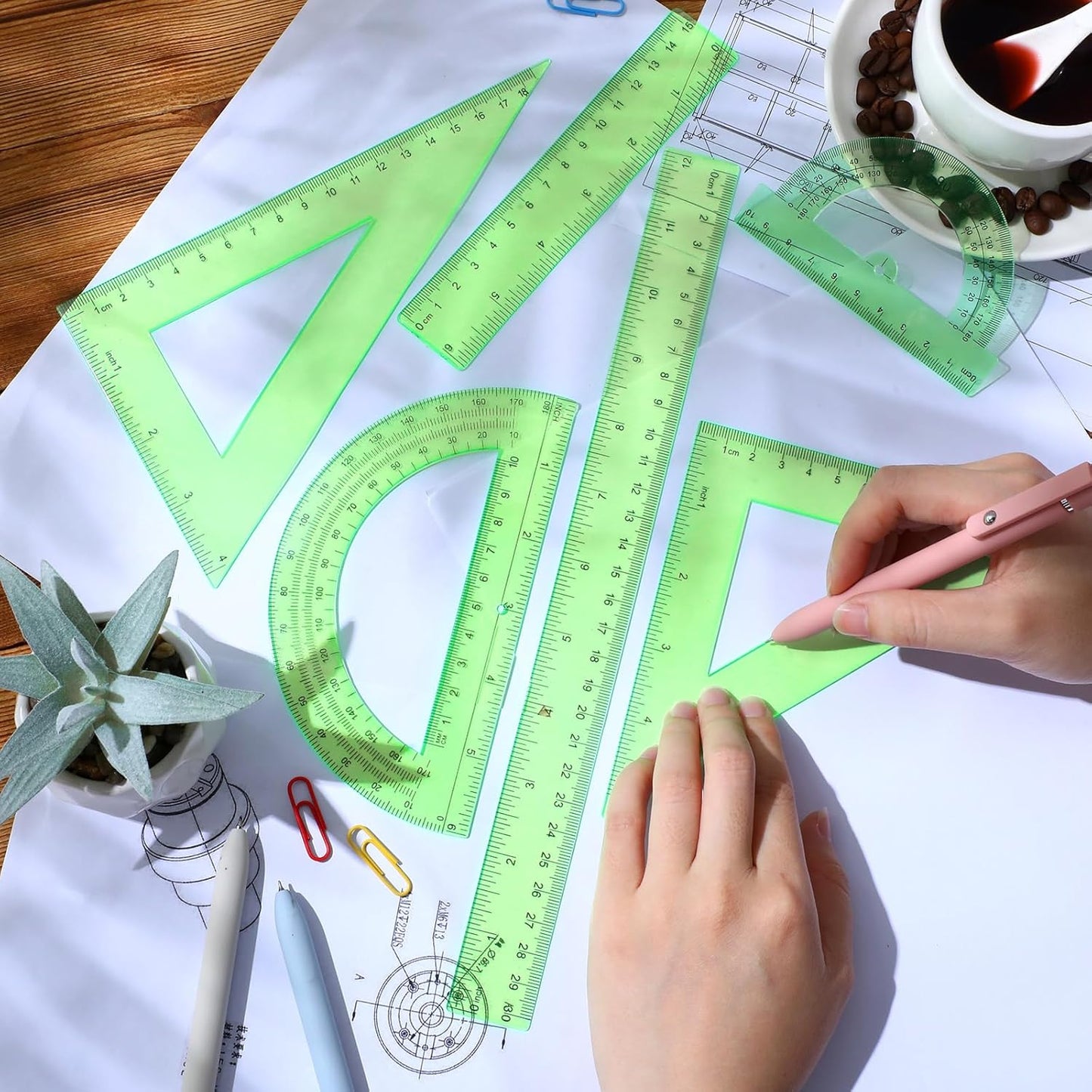 6 Pcs Plastic Ruler Math Set Includes 12 Inch 6 Inch Straight Protractor Triangle Geometry Transparent Math Ruler Measuring Tools for School Office Home(Yellow)
