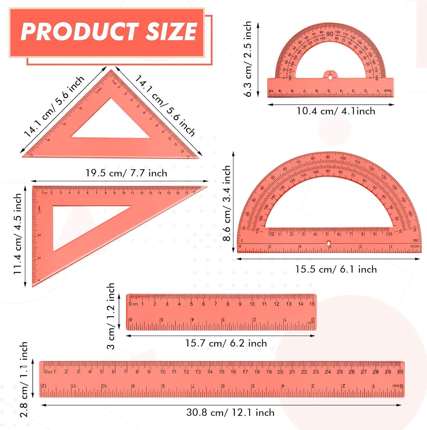 6 Pcs Plastic Ruler Math Set Includes 12 Inch 6 Inch Straight Protractor Triangle Geometry Transparent Math Ruler Measuring Tools for School Office Home(Yellow)