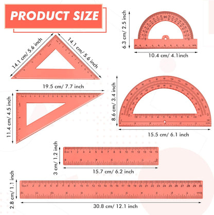 6 Pcs Plastic Ruler Math Set Includes 12 Inch 6 Inch Straight Protractor Triangle Geometry Transparent Math Ruler Measuring Tools for School Office Home(Yellow)