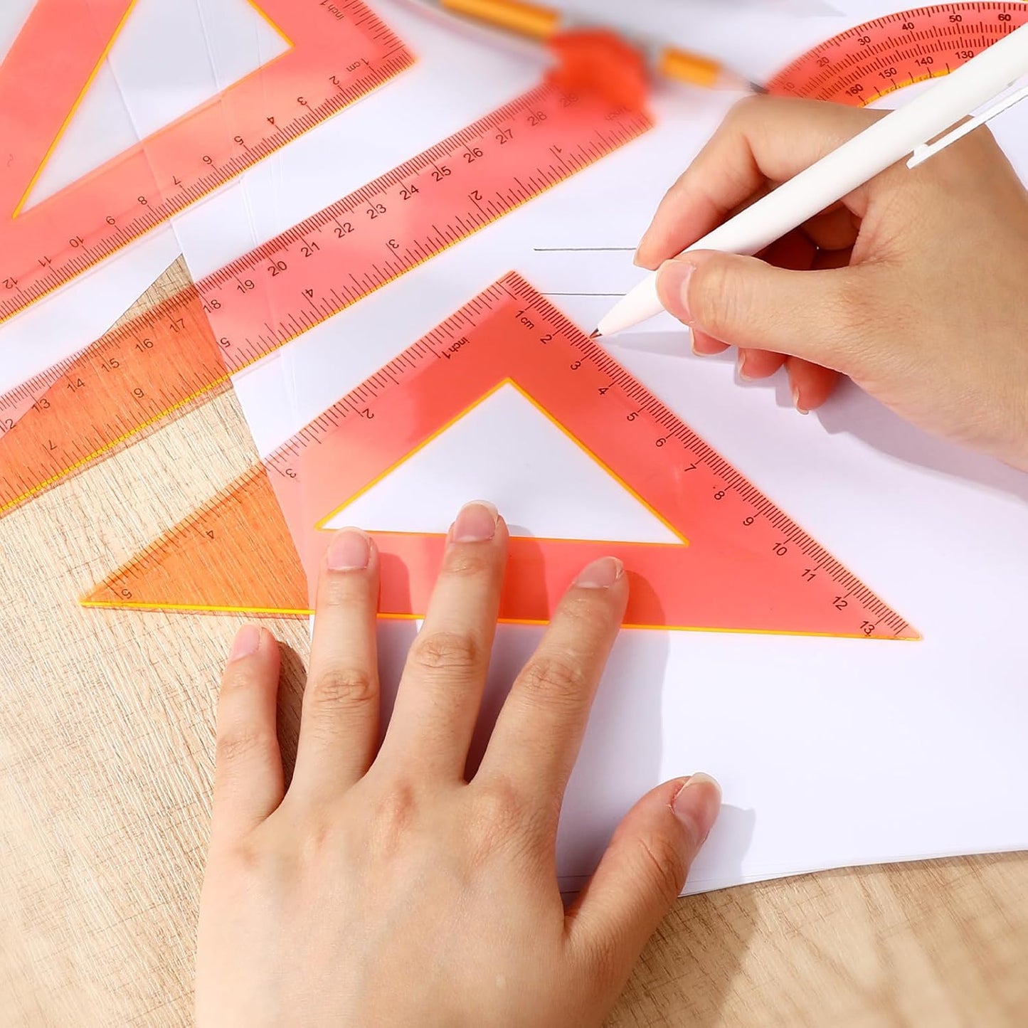 6 Pcs Plastic Ruler Math Set Includes 12 Inch 6 Inch Straight Protractor Triangle Geometry Transparent Math Ruler Measuring Tools for School Office Home(Yellow)