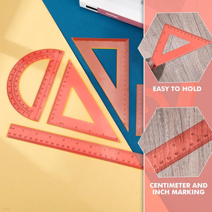 6 Pcs Plastic Ruler Math Set Includes 12 Inch 6 Inch Straight Protractor Triangle Geometry Transparent Math Ruler Measuring Tools for School Office Home(Yellow)