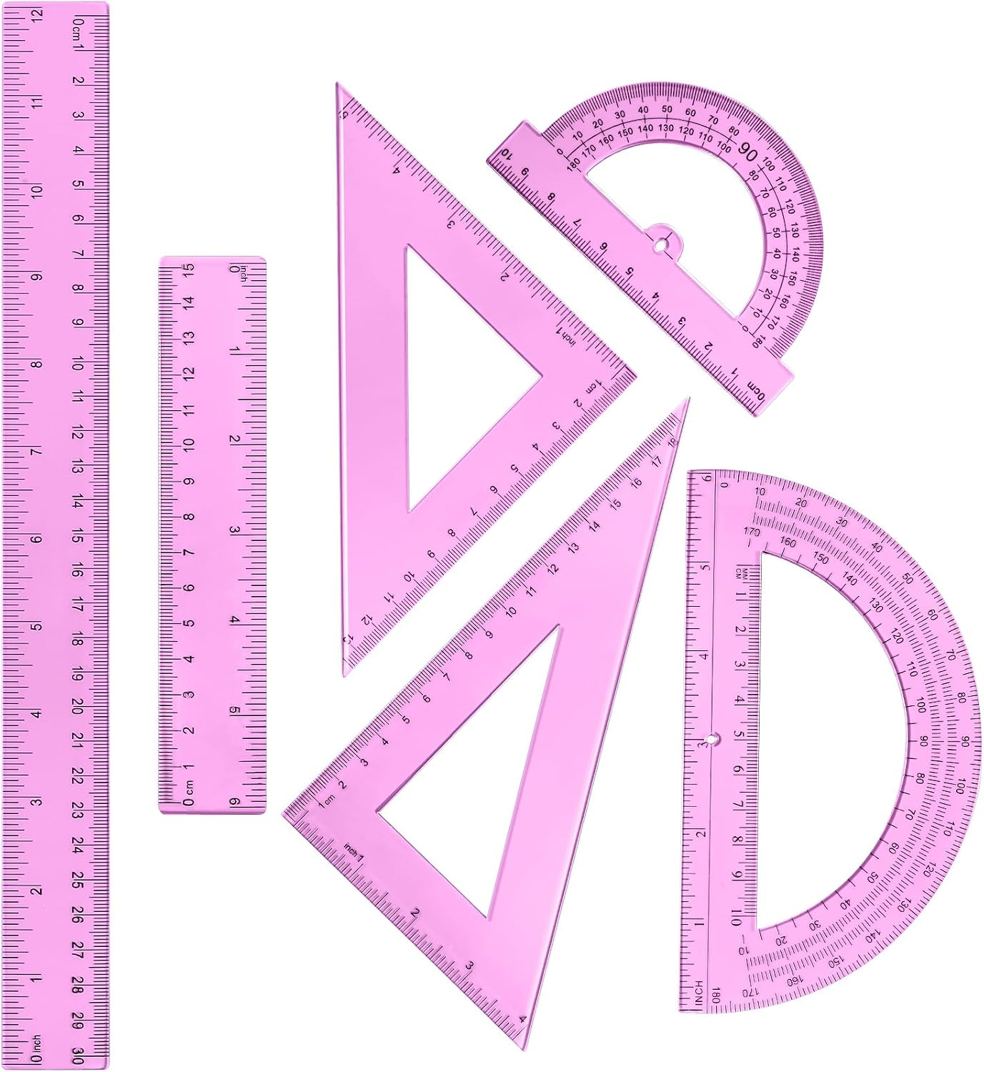 6 Pcs Plastic Ruler Math Set Includes 12 Inch 6 Inch Straight Protractor Triangle Geometry Transparent Math Ruler Measuring Tools for School Office Home(Yellow)