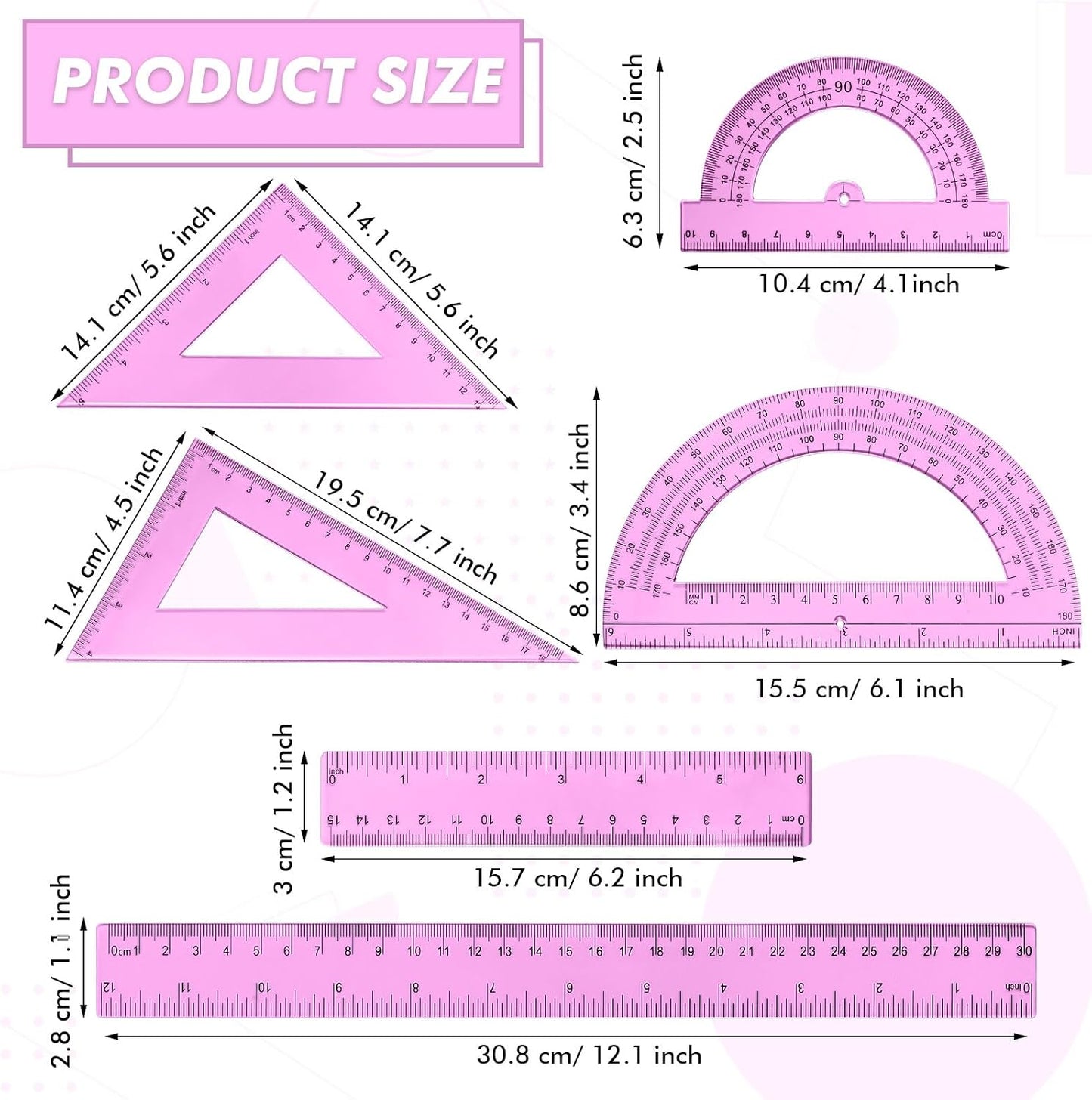 6 Pcs Plastic Ruler Math Set Includes 12 Inch 6 Inch Straight Protractor Triangle Geometry Transparent Math Ruler Measuring Tools for School Office Home(Yellow)