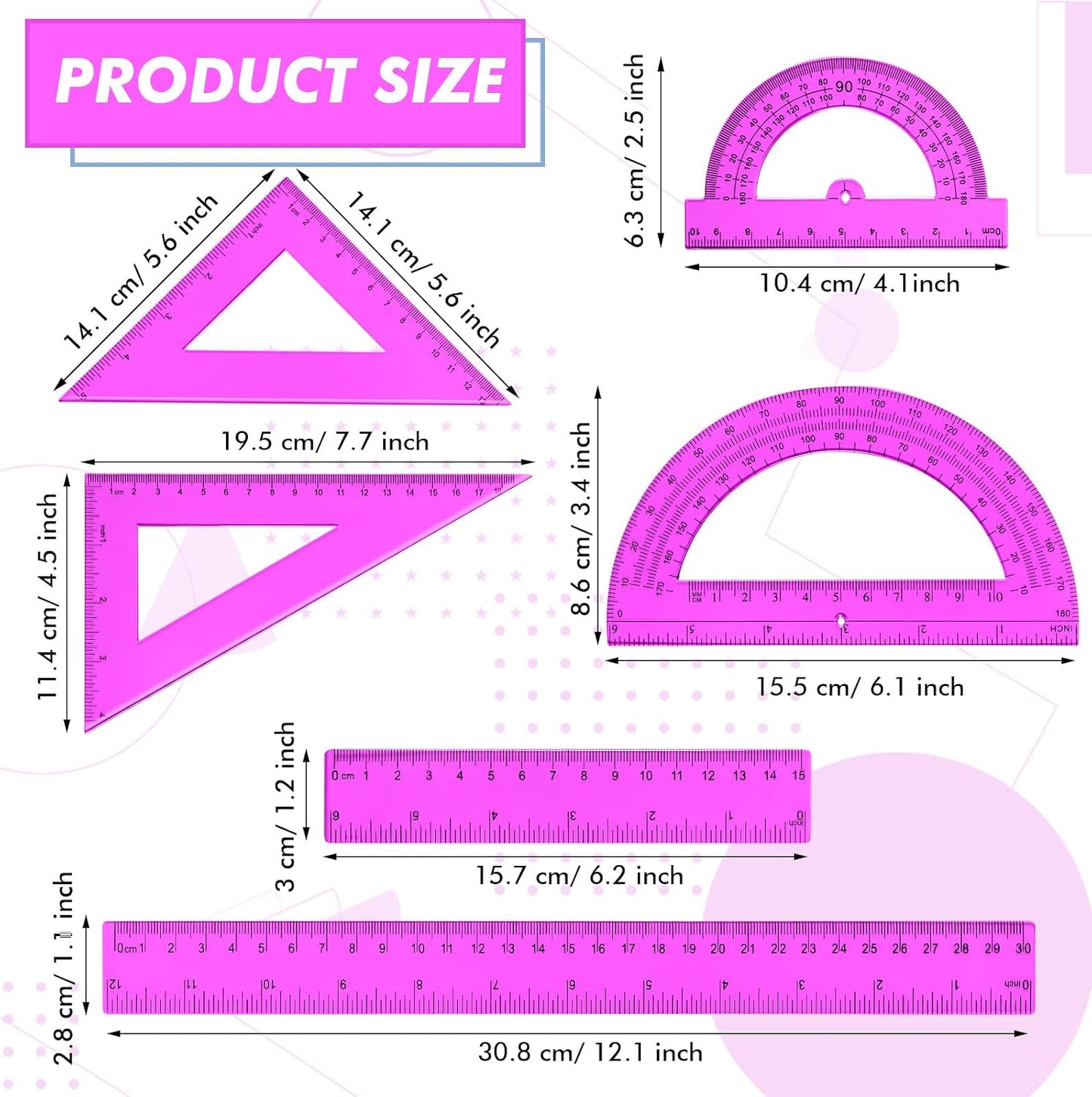 6 Pcs Plastic Ruler Math Set Includes 12 Inch 6 Inch Straight Protractor Triangle Geometry Transparent Math Ruler Measuring Tools for School Office Home(Yellow)
