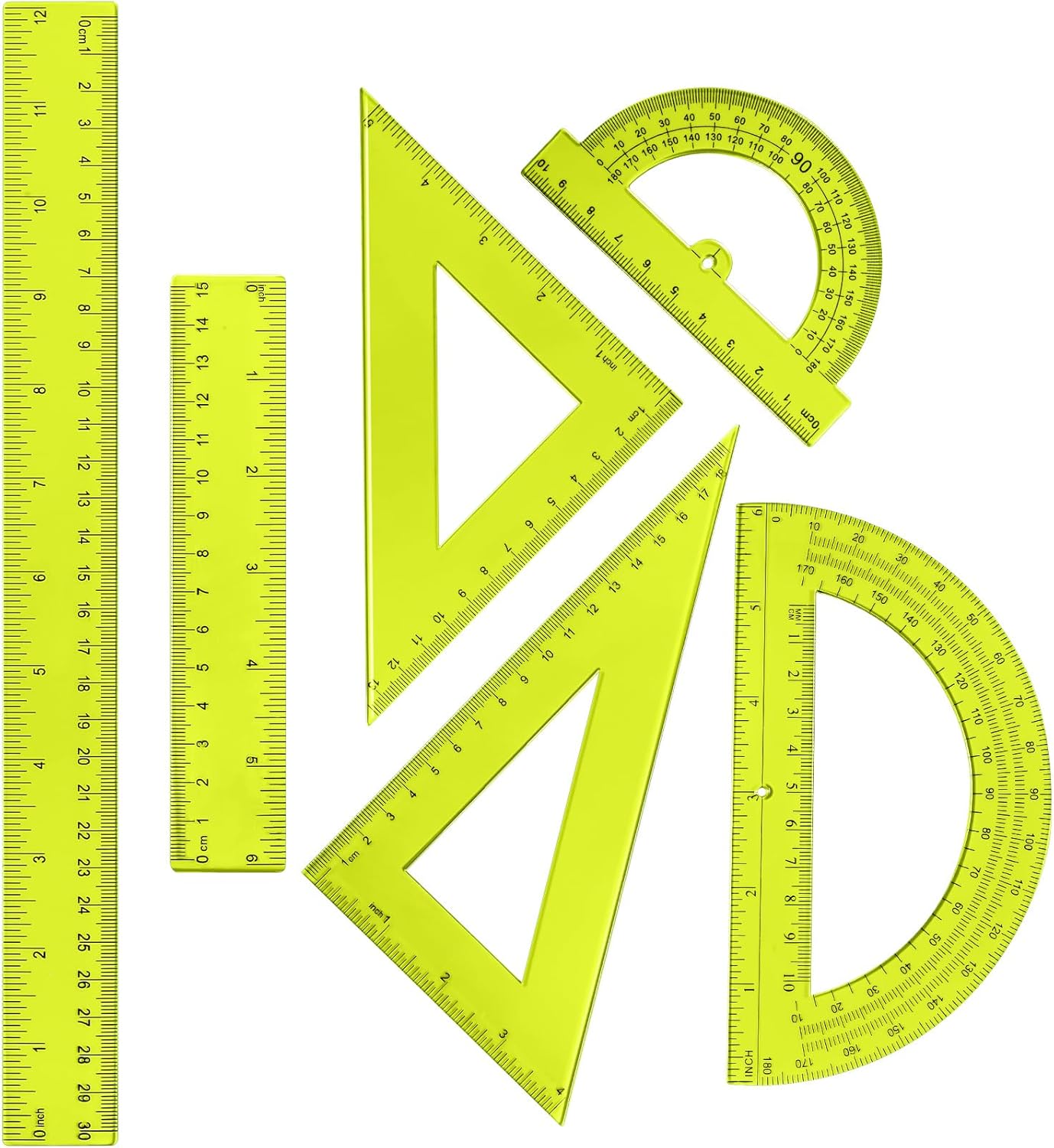 6 Pcs Plastic Ruler Math Set Includes 12 Inch 6 Inch Straight Protractor Triangle Geometry Transparent Math Ruler Measuring Tools for School Office Home(Yellow)