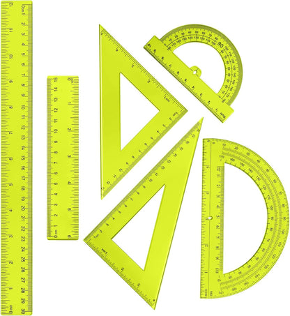 6 Pcs Plastic Ruler Math Set Includes 12 Inch 6 Inch Straight Protractor Triangle Geometry Transparent Math Ruler Measuring Tools for School Office Home(Yellow)