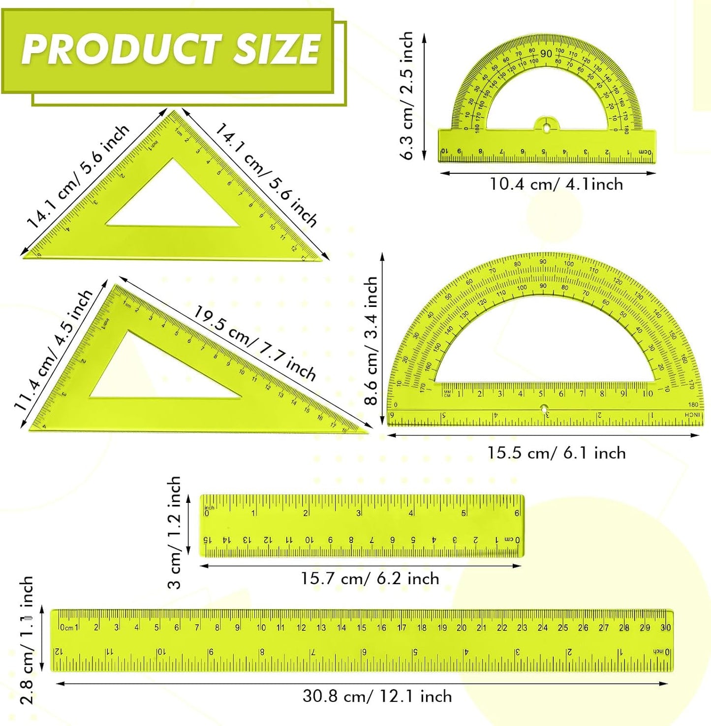 6 Pcs Plastic Ruler Math Set Includes 12 Inch 6 Inch Straight Protractor Triangle Geometry Transparent Math Ruler Measuring Tools for School Office Home(Yellow)