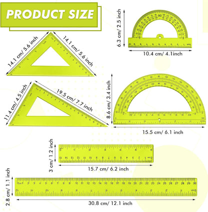 6 Pcs Plastic Ruler Math Set Includes 12 Inch 6 Inch Straight Protractor Triangle Geometry Transparent Math Ruler Measuring Tools for School Office Home(Yellow)