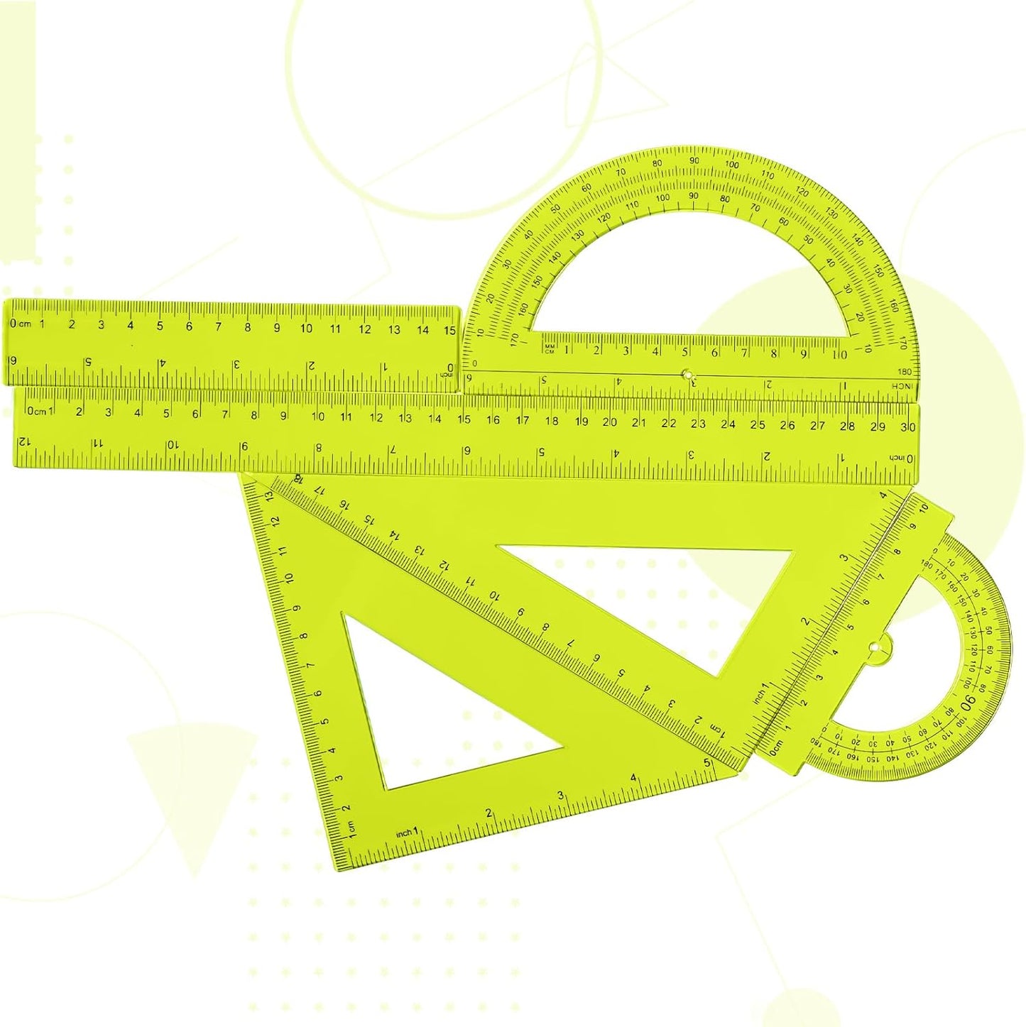 6 Pcs Plastic Ruler Math Set Includes 12 Inch 6 Inch Straight Protractor Triangle Geometry Transparent Math Ruler Measuring Tools for School Office Home(Yellow)