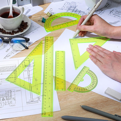 6 Pcs Plastic Ruler Math Set Includes 12 Inch 6 Inch Straight Protractor Triangle Geometry Transparent Math Ruler Measuring Tools for School Office Home(Yellow)