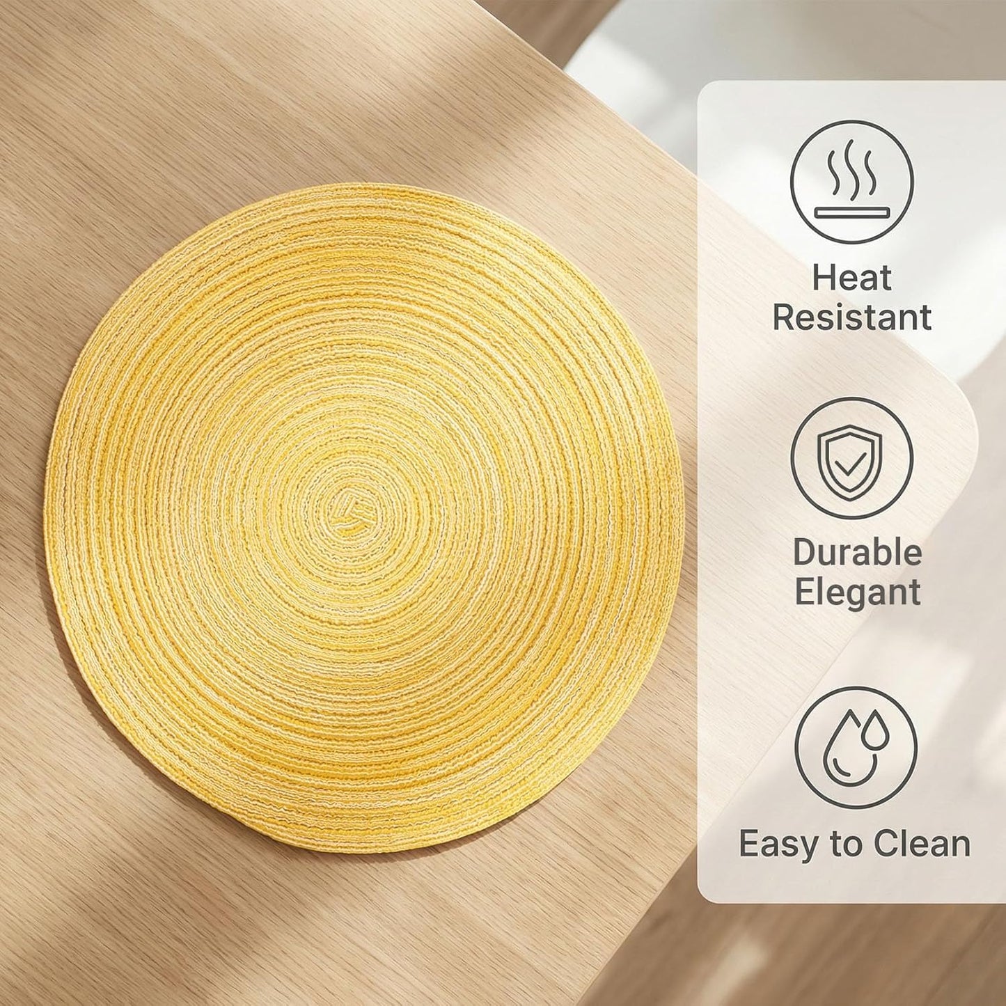 Round Braided Placemats Set of 6 Woven Table Mats for Dining Table Heat Resistant Easy to Clean Perfect for Kitchen & Home Decor (Yellow)