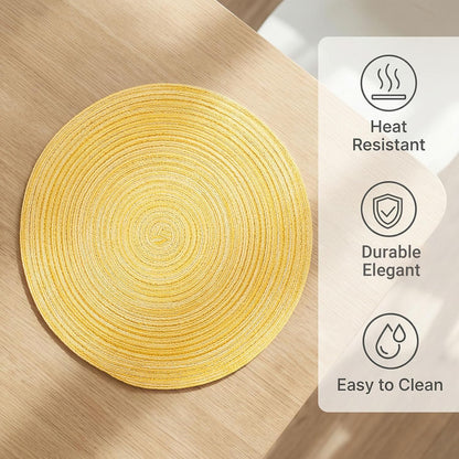 Round Braided Placemats Set of 6 Woven Table Mats for Dining Table Heat Resistant Easy to Clean Perfect for Kitchen & Home Decor (Yellow)