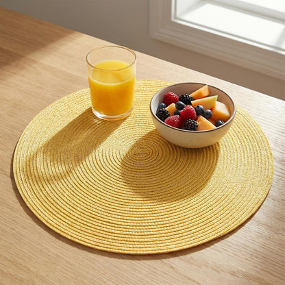 Round Braided Placemats Set of 6 Woven Table Mats for Dining Table Heat Resistant Easy to Clean Perfect for Kitchen & Home Decor (Yellow)