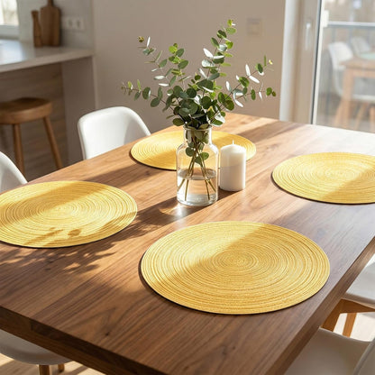 Round Braided Placemats Set of 6 Woven Table Mats for Dining Table Heat Resistant Easy to Clean Perfect for Kitchen & Home Decor (Yellow)