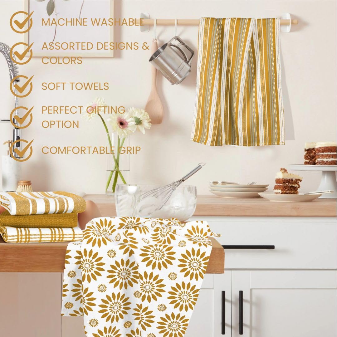 Assorted Kitchen Towels Large 16x26 inches 100% Cotton Set of 5 - Soft Absorbent Washable Tea Towel for Kitchen - Dish Cloths with Hanging Loop - Quick Drying Towels Yellow Mustard