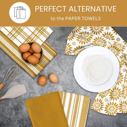 Assorted Kitchen Towels Large 16x26 inches 100% Cotton Set of 5 - Soft Absorbent Washable Tea Towel for Kitchen - Dish Cloths with Hanging Loop - Quick Drying Towels Yellow Mustard
