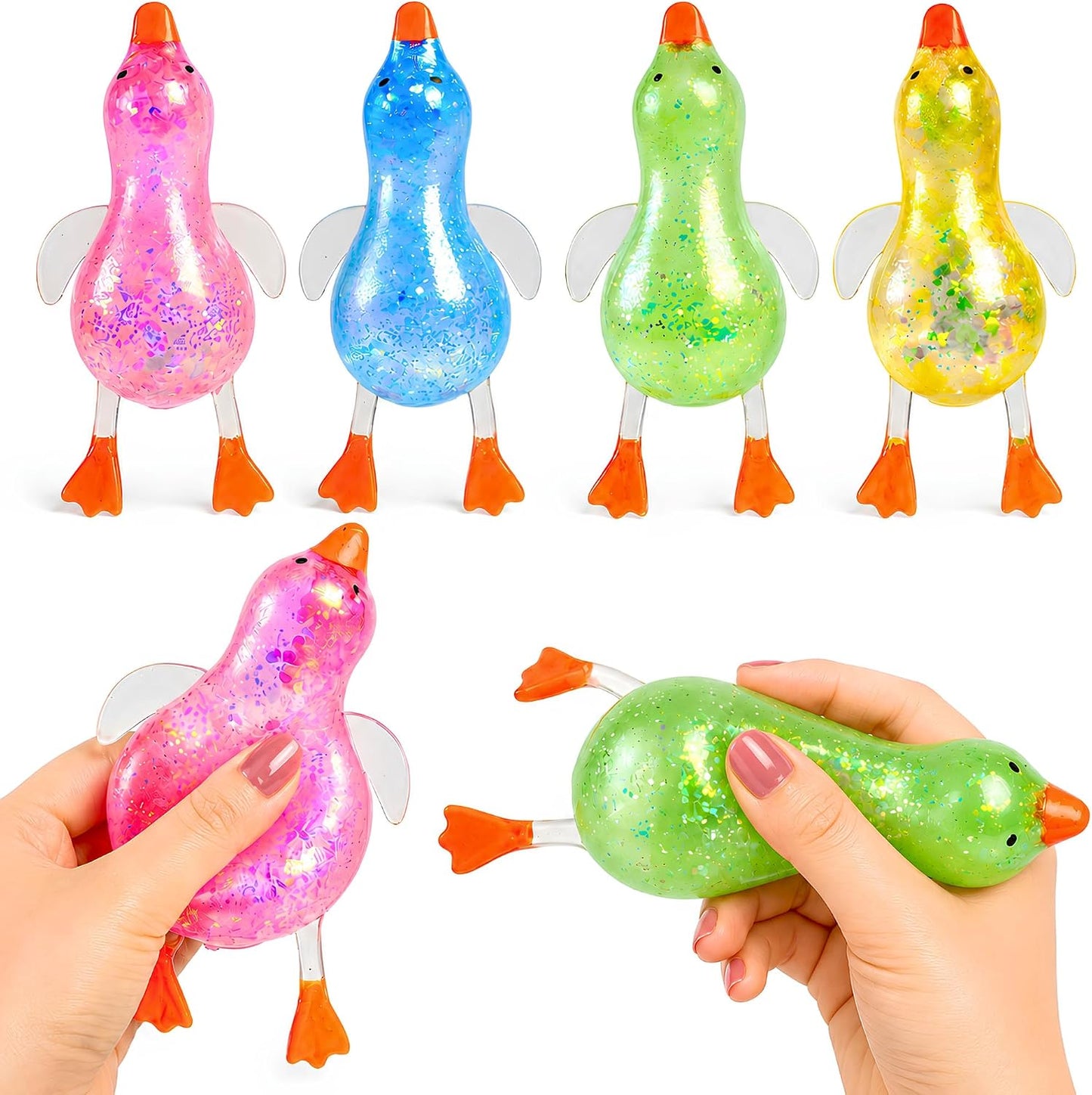 Glitter Duck Squishy - Blue Green Pink Yellow 4 PCS Squishy - 2026 Upgraded Ducks for Adults Teens Squeeze Easter Basket Stuffers & Stocking Stuff