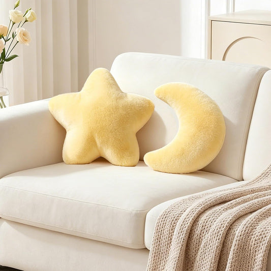 2PCS Moon Star Pillow Set, Cute Decorative Throw Pillows for Bed Couch | 15.35’’Yellow Moon Star Shaped Pillow, Room Decor, Soft Faux Plush Pillows for Bedroom, Living Room, Dorm