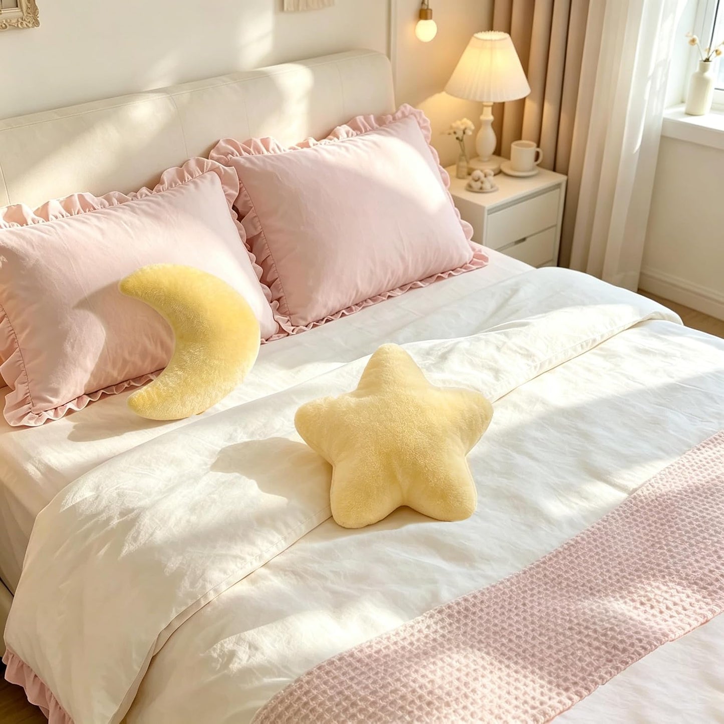 2PCS Moon Star Pillow Set, Cute Decorative Throw Pillows for Bed Couch | 15.35’’Yellow Moon Star Shaped Pillow, Room Decor, Soft Faux Plush Pillows for Bedroom, Living Room, Dorm
