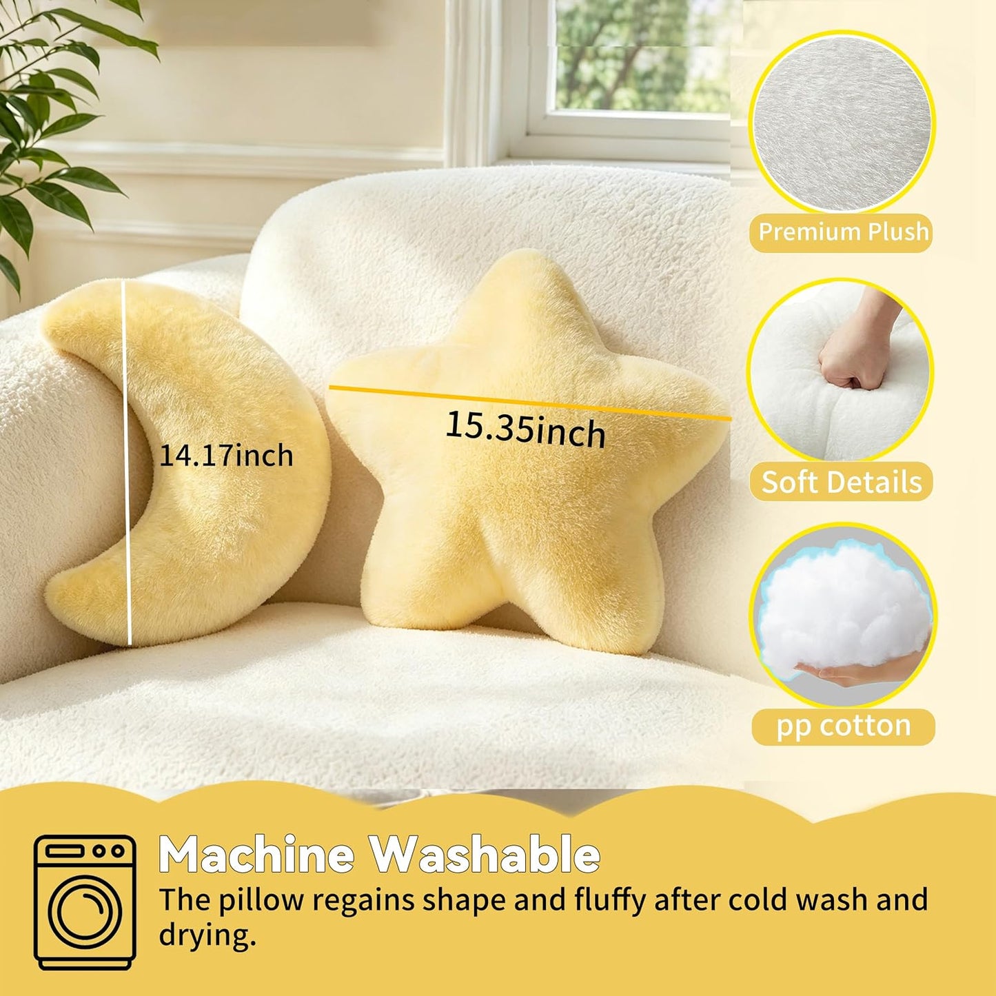 2PCS Moon Star Pillow Set, Cute Decorative Throw Pillows for Bed Couch | 15.35’’Yellow Moon Star Shaped Pillow, Room Decor, Soft Faux Plush Pillows for Bedroom, Living Room, Dorm